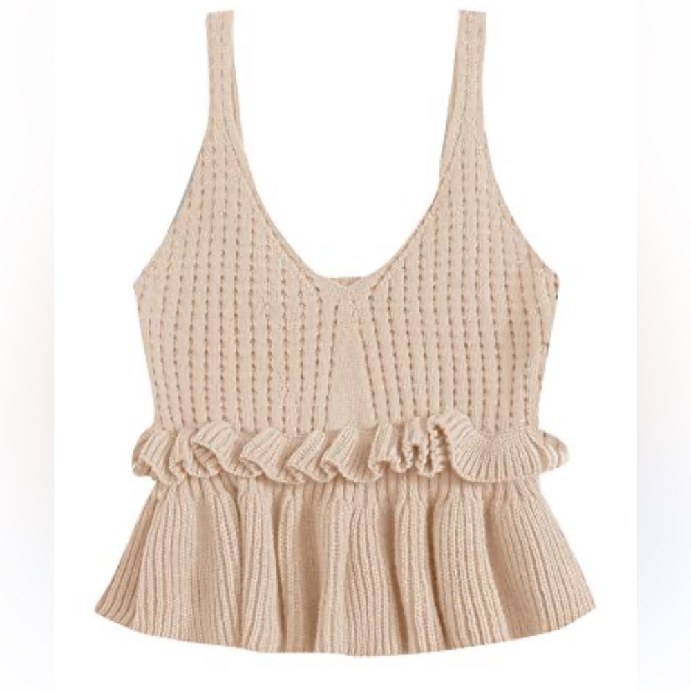 NWOT Ruffled Knit Tank Top. Beige Size Small